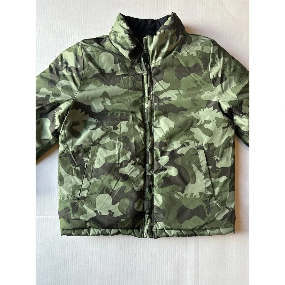 Gap‎ Boys Reversible Black Dinosaur Camouflage Puffer Jacket Cold Control Sz 4